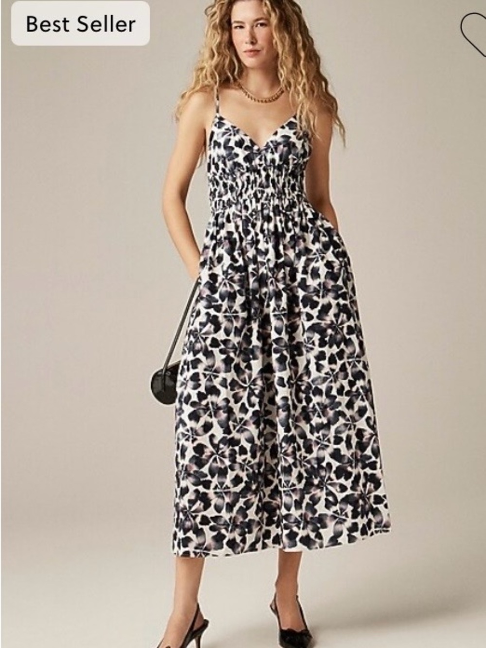 NWT J.Crew Smocked Cotton Floral Midi Dress Size 6 Indigo Black Whiteā